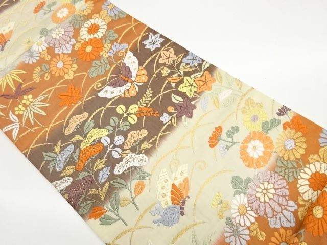JAPANESE FUKURO OBI / KARA-ORI / WOVEN AUTUMN FLOWERS